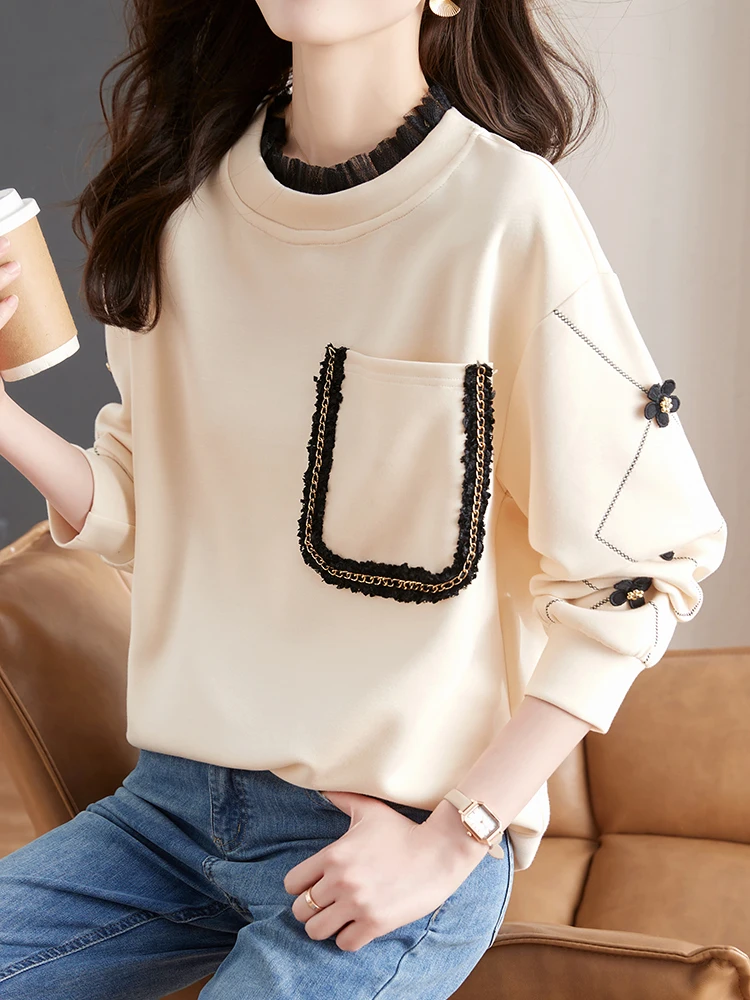 Vintage Appliques Sweatshirts Winter Autumn Pullovers Korean Fashion Loose Casual Tops Jumper Lace Patchwork Sweatshirts Women