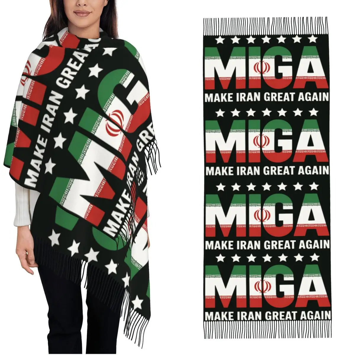 

Make Iran Great Again MIGA Scarf Lady Head Scarves with Long Tassel Autumn Vintage Shawl Wrap Warm Soft Graphic Foulard