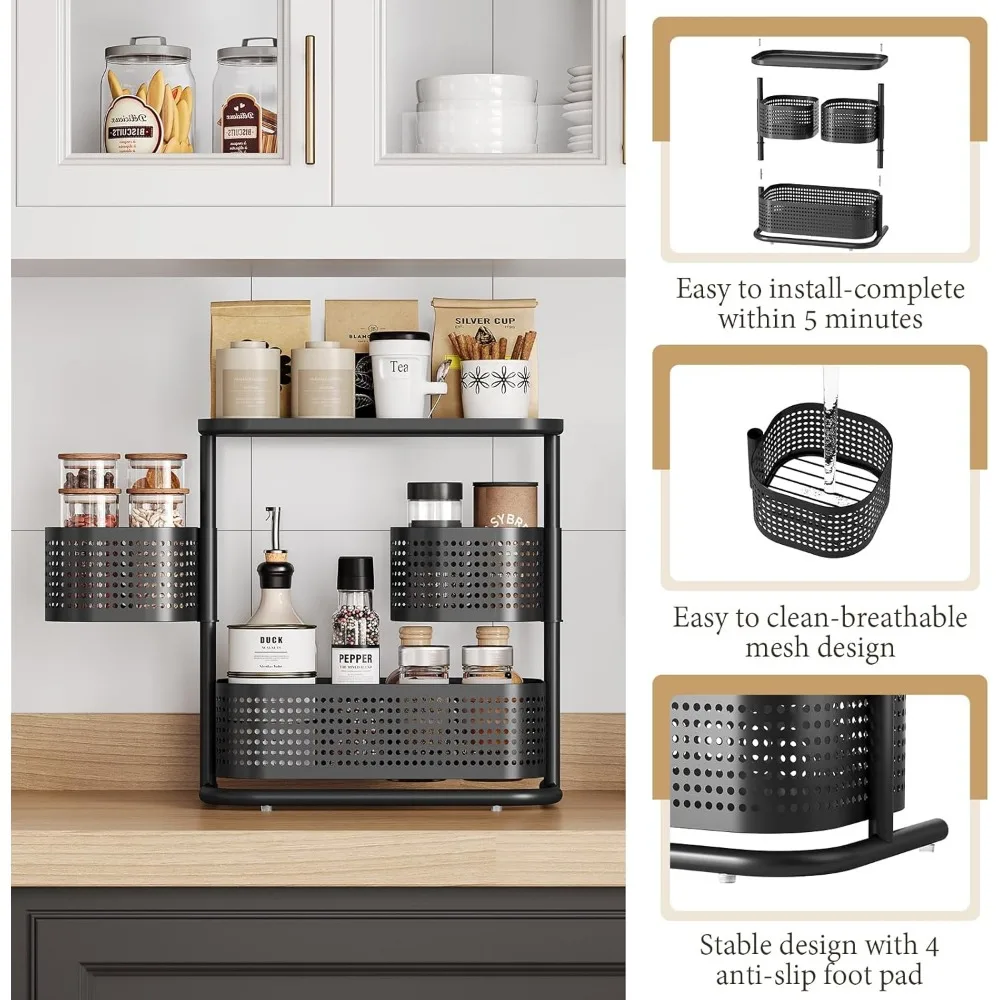 Draaibare opbergkast met 3 niveaus, badkamertellerorganizer met antislipvoet, zwart