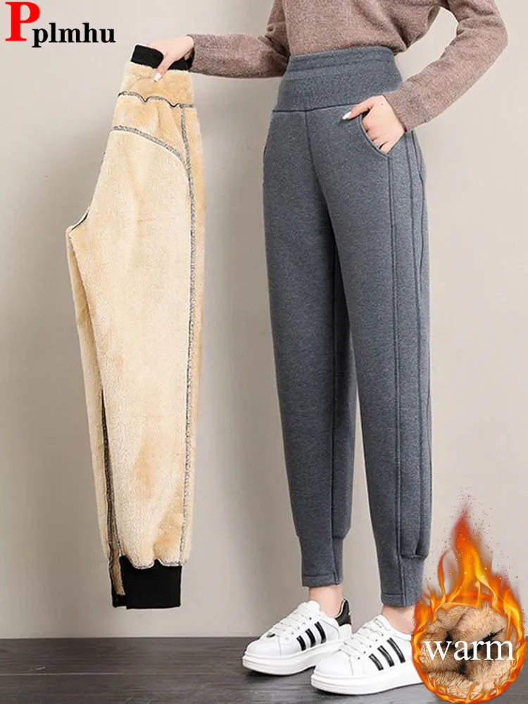 

Зимние теплые утепленные шаровары, женские повседневные эластичные брюки с высокой талией на флисовой подкладке, корейская модная зимняя одежда, брюки для бега