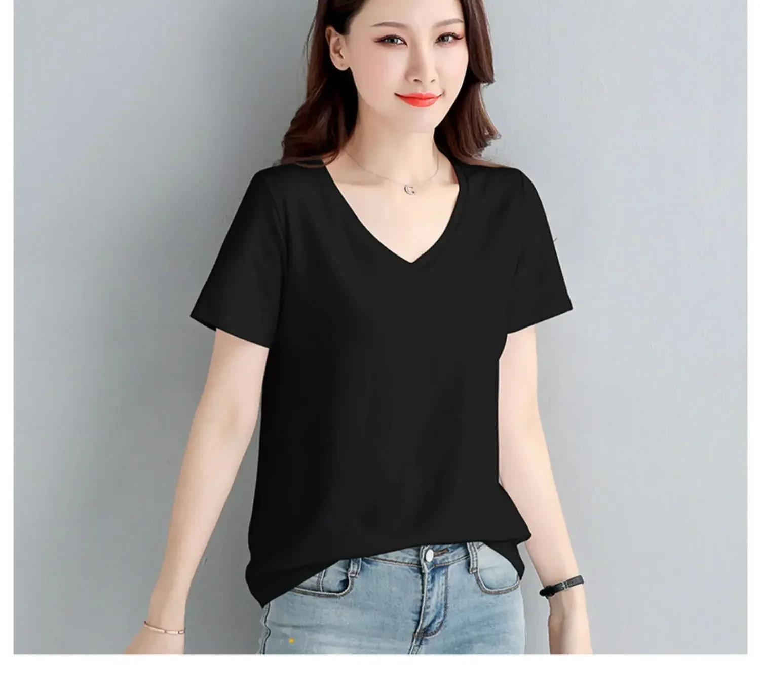 V collar short sleeve T-shirt female white low collar shirt 2023 new summer half sleeve fashion black coat loose big yards