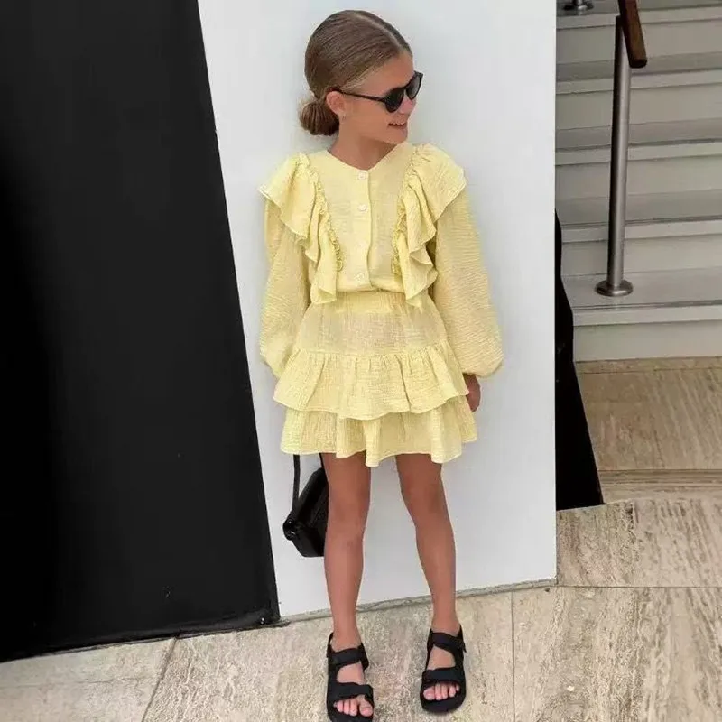2026 Trendy Russian Style Girls 2Pcs Outfit Spring Autumn Cotton Flutter Sleeve Shirt Ruffle Hem Skirt British Style 2 Piece Set