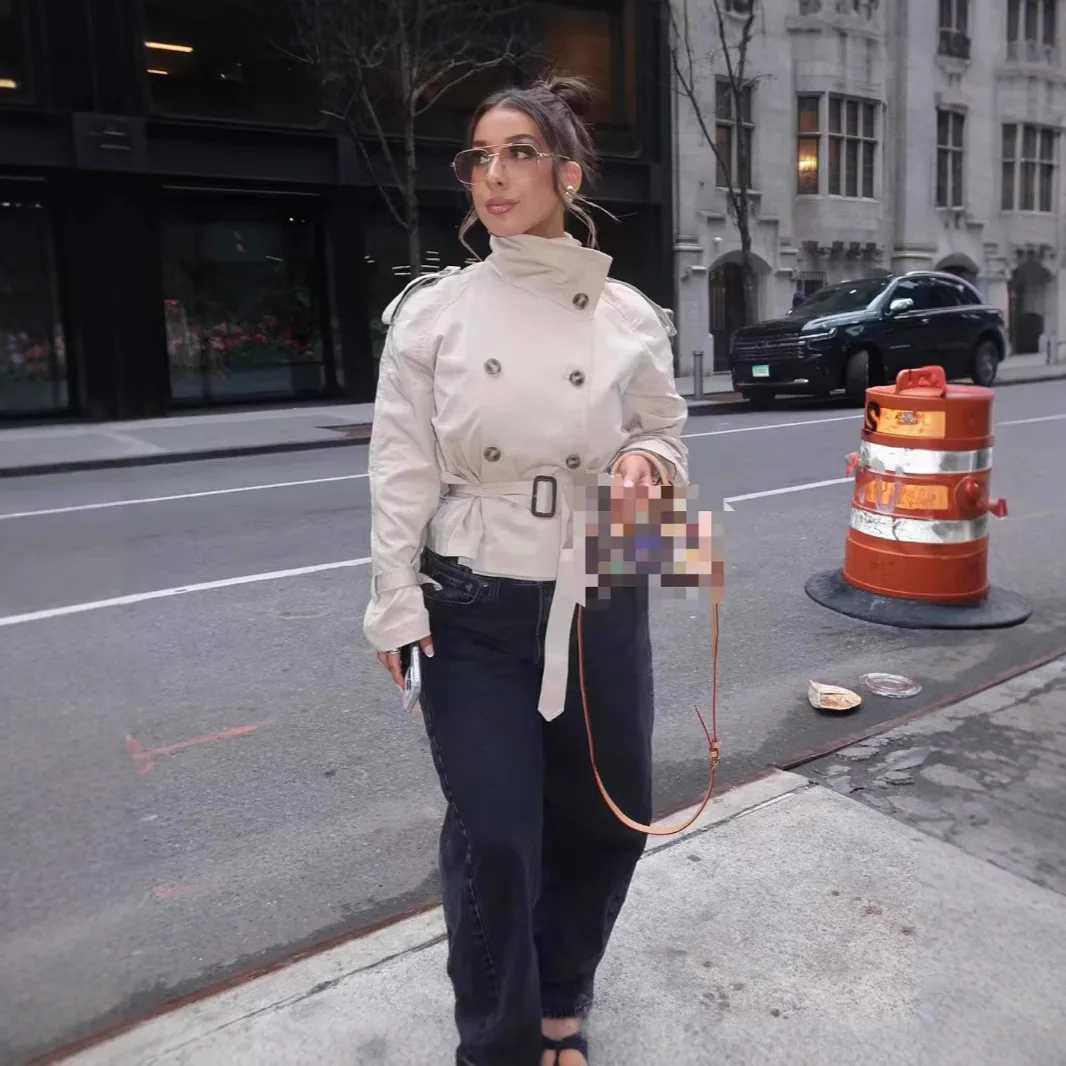 Stylish Short Windbreaker Coat Double Row Button Design Waist Cinching Fashionable Commute Style Long Sleeve PU Material