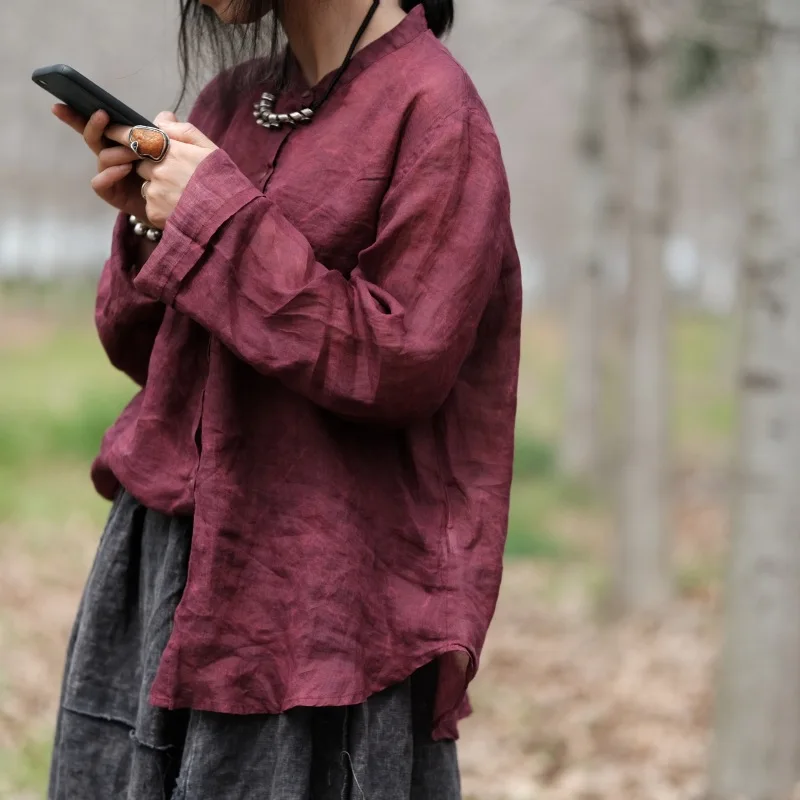 Linen O-Neck Vintage Long Sleeve Women Shirt Retro Loose 2026 Spring and Summer Thin Woman New Distress Single Breasted Shirt
