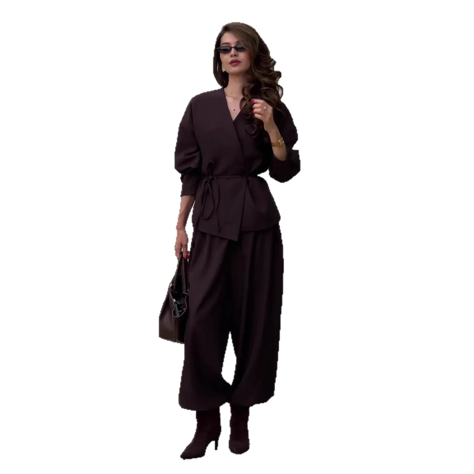 Women's V-Neck Lace-Up Top & Wide Leg Pants Two Piece Set 2026 Spring Autumn Office Lady Elegant Commute Casual Outfit