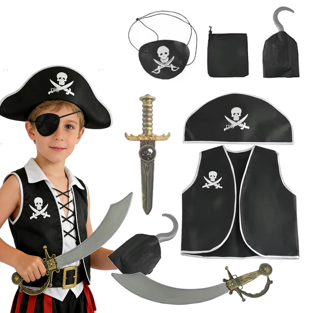 Kids Classic Pirate Role Play 7Pcs Set Black Vest Hat Hook Eye Mask Bag Complete Outfit For Halloween Carnival Party Dress Up