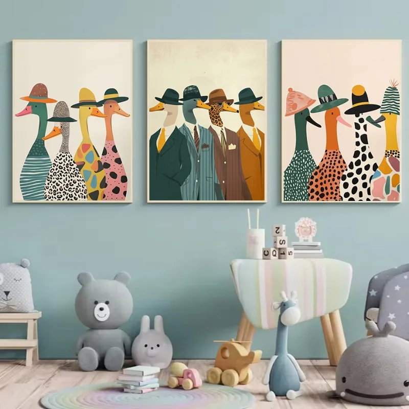Colorful Funny Bathroom Goose Toothbrush Stylish Duck Cute Animals Poster Canvas Painting Wall Art Pictures Home Toilet Decor
