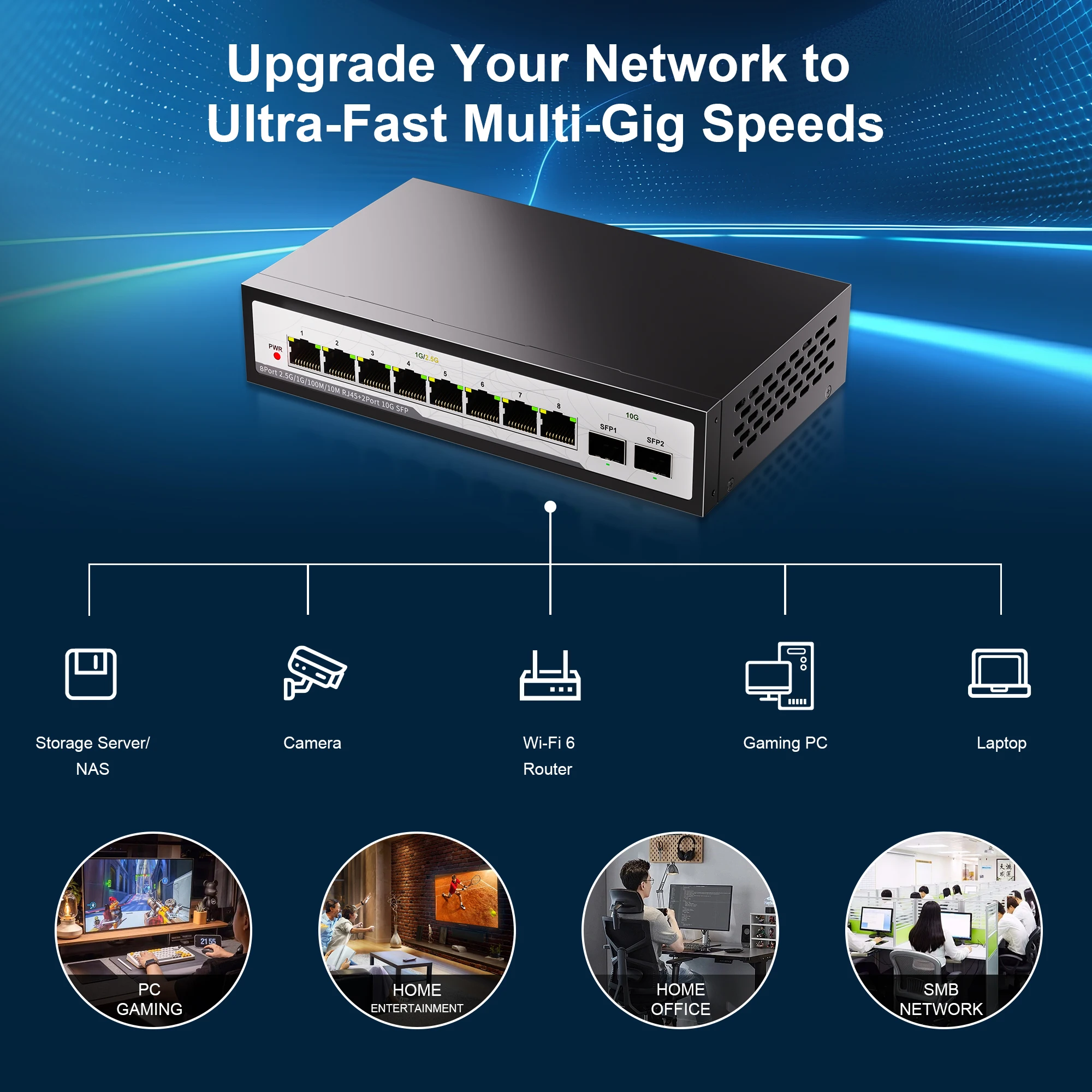 2.5G ネットワークスイッチ 8 ポート Cat スティックギガビット LAN スプリッタハブ 10000Mbps 2x10G SFP スイッチ NAS 用