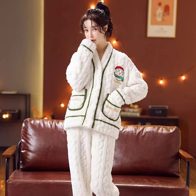 Christmas Pyjamas Sets Women Winter Thicken Warm Coral Fleece Pijamas Long Sleeve V-Neck Sleepwear Female Loungewear Homewear