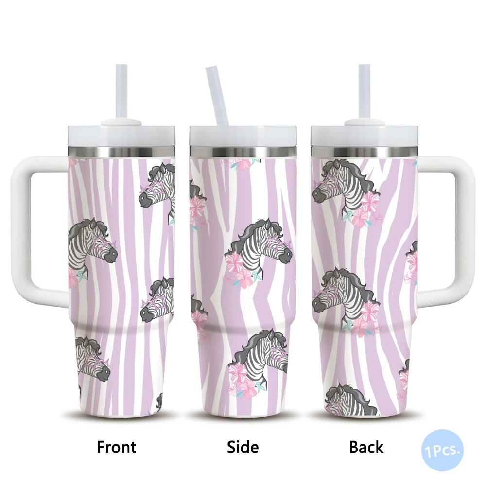 Cute Funny Zebra Pattern Vacuum Flasks 40oz Stainless Steel Insulated Tumbler with Handle & Straw Leakproof Travel Mug