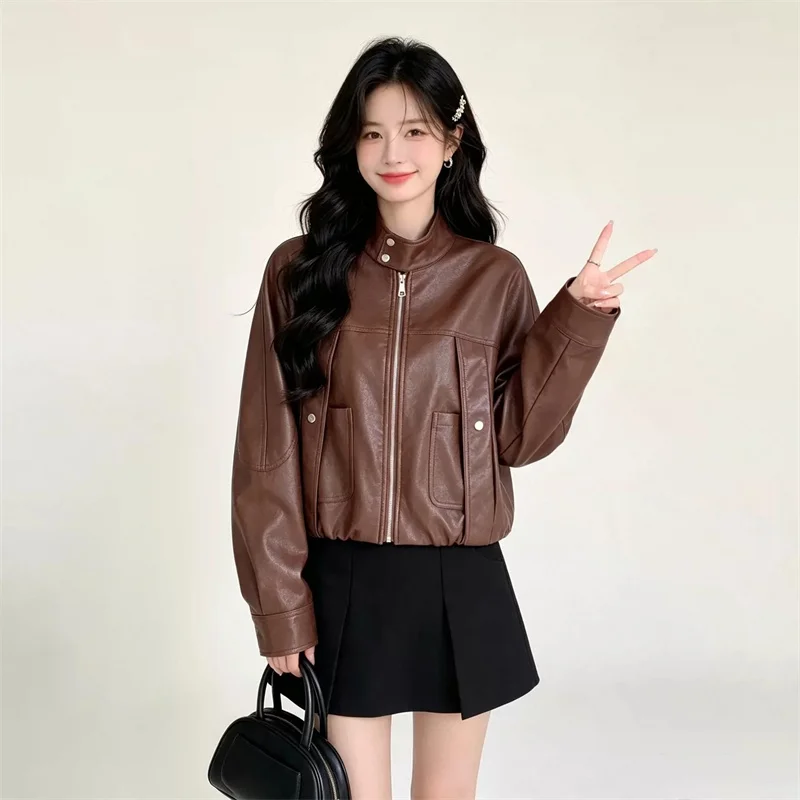 Women Faux Leather Biker Jacket Stand Collar Zip‑Up Cropped PU Coat Vintage Loose Casual Moto Outerwear Fall Fashion