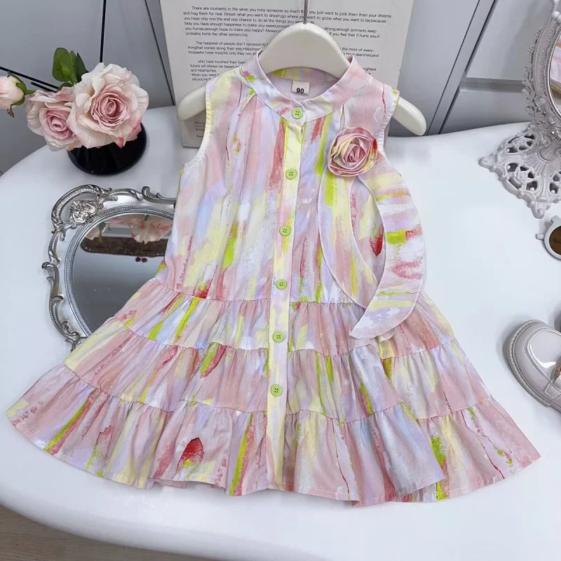 

2025Summer Girls' Rainbow Dress Baby Girl Sleeveless Floral Vest Dress Sweet Princess Dress Wholesale