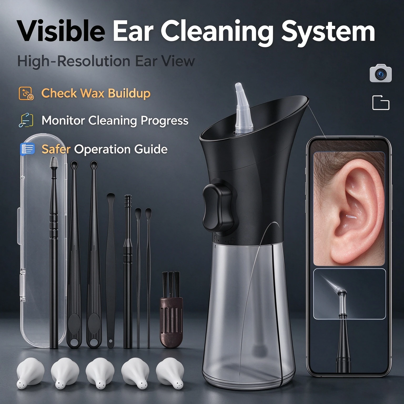 Q2 Upgraded Ear Wax Removal with Waste Water Tank Safety Ear Cleaner with Water Temperature Sensor Effective Ear Irrigation Kit