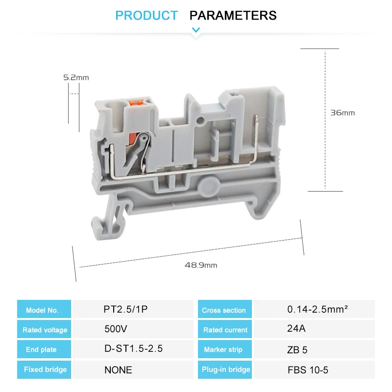 PT 2.5/1P Plug-in Terminal Block Push-in/Plug 2.5mm² Cable Socket PPH2.5-1/2/3/4/5/6/7/8/9/10 Pin Test Adapte Din Rail Connector