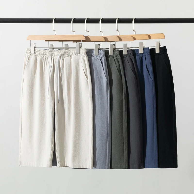 Men's Cotton Linen Shorts Pants Male Summer Breathable Solid Color Linen Knee Length Trousers Fitness Streetwear Lace Up Bottoms