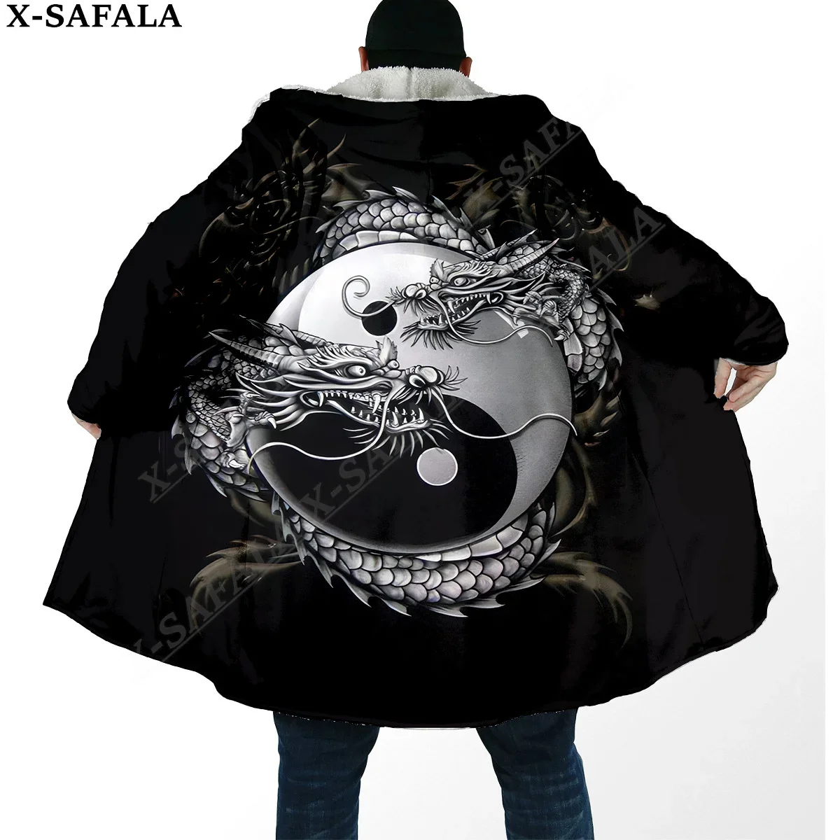 Yin And Yang Dragon Tai Chi Eight Trigrams Overcoat Coat 3D Print Thick Warm Hooded Cloak  Men Windproof Fleece Unisex Casual-6