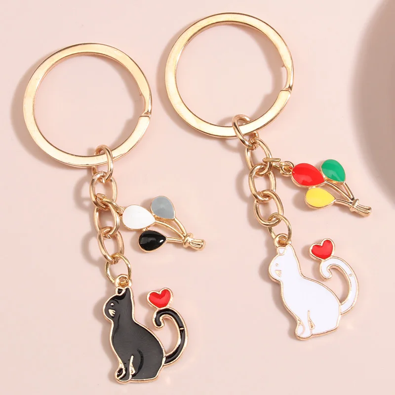 1set(2pcs) Cute Enamel Keychain Heart Cat Balloon Key Ring Valentine's Day Key Chains For Couple Lovers Handmade Jewelry Gifts