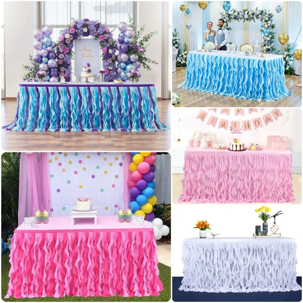 Multicolor Tulle Table Skirt 183cm*76cm Rectangle Table Skirt Curly Design Photo Props Ruffle Table Skirt for Baby Shower