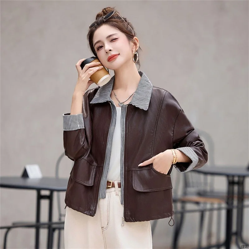 High-end Fake Two Piece Leather Jacket Women's 2026 Spring Autumn New Loose Retro Versatile Patchwork Leather Coat Outerwear