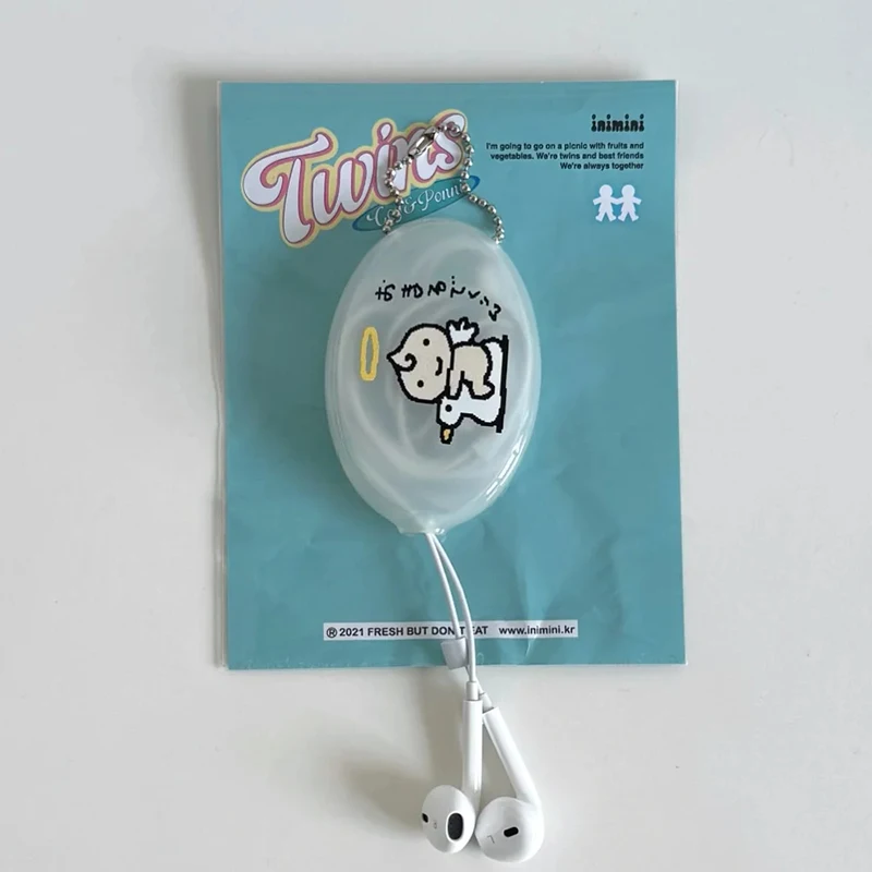 Cute Cartoon Angel Pendant Keychain Harajuku Transparent Oval Earphone Storage Pouch Small Organizer Bag Accessories