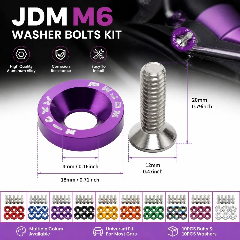 Aluminum Concave Screws 10Pcs M6x20mm JDM Hex Fasteners Universal Car Modified Bolts for Fender Bumper Engine Washer