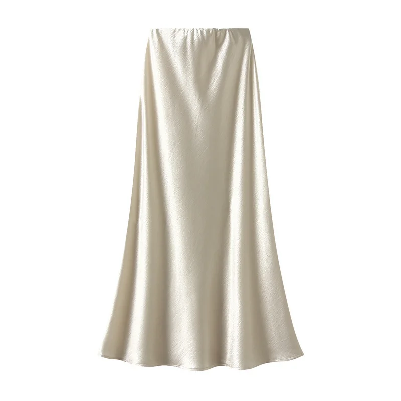 2024 temperament pleated flowing satin fishtail skirt for women in autumn, with a slimming effect and a hip hugging A-line skirt