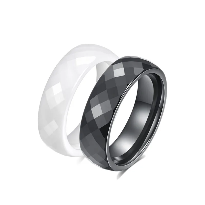 6mm White/Black Faceted Ceramic Ring Wedding Band for Women Men Size 5-12