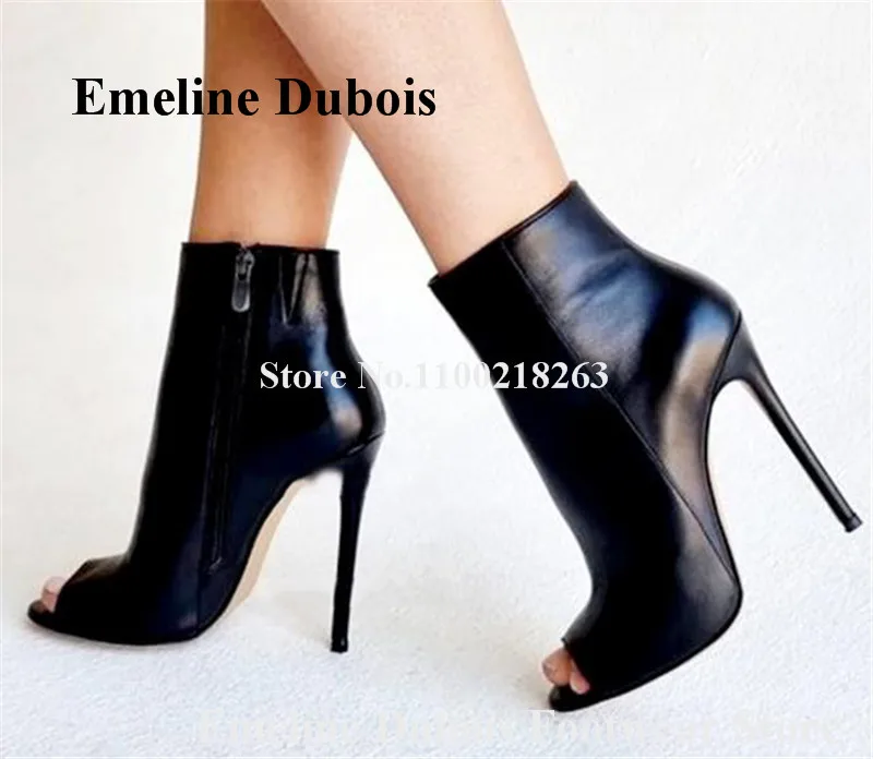 Black Matte Leather Short Boots Emeline Dubois Peep Toe Stiletto Heel Classical Style Ankle Booties Formal Dress Heels Big Size