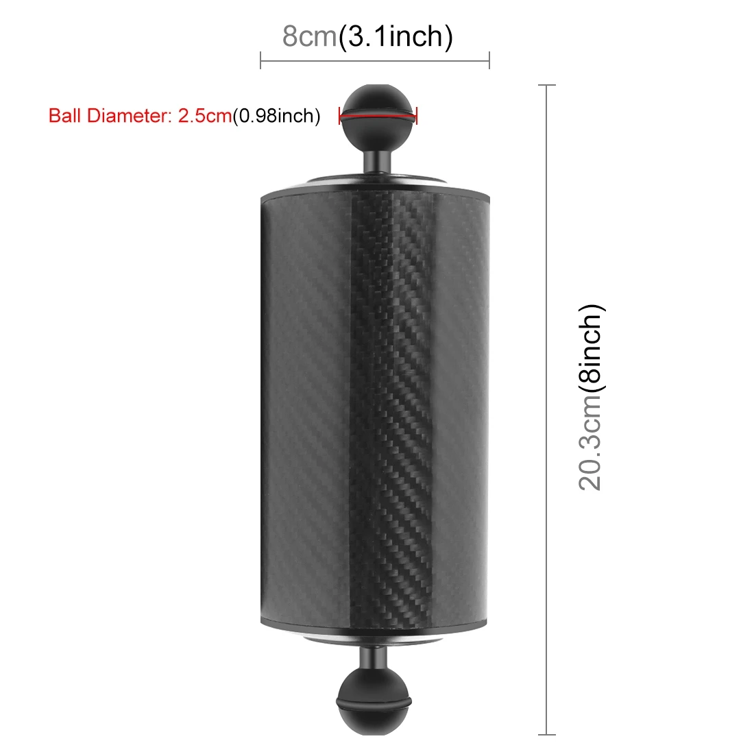 PULUZ D80mm L8inch Underwater Photography Floating Arm Dual Balls Carbon Fiber Buoyancy Arm, Ball Diameter: 25mm, Buoyancy: 619g