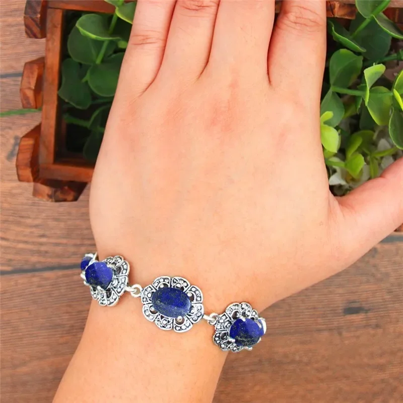 Oval Lapis Lazuli Stone Bracelet Plum Flower Design Vintage Look Antique Silver Plated  Fashion Jewelry TB341