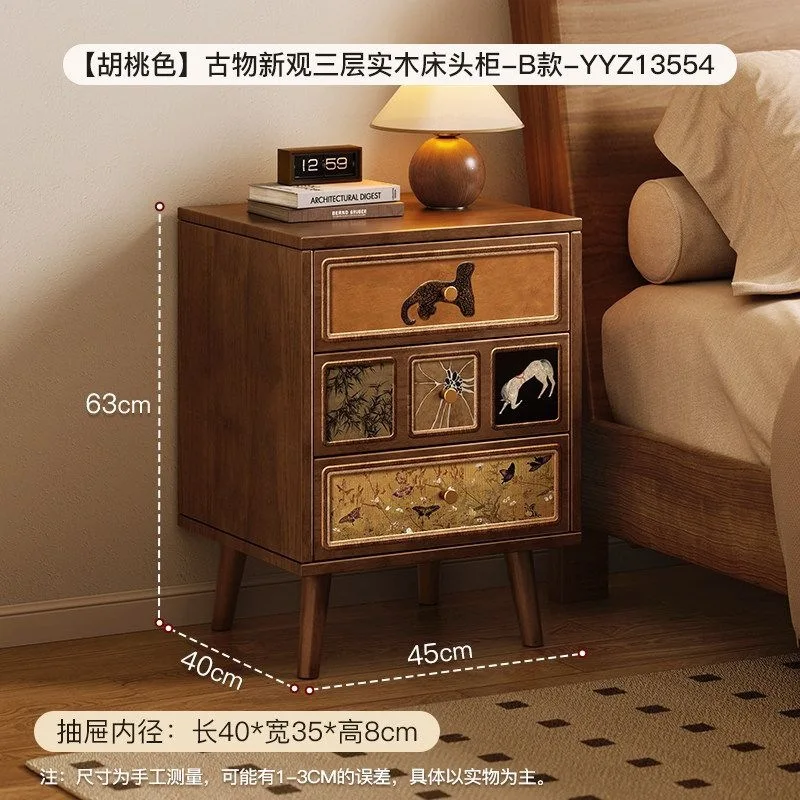 All-solid wood bedside cabinet, vintage style home bedroom storage cabinet, three-drawer storage cabinet, walnut color bedside