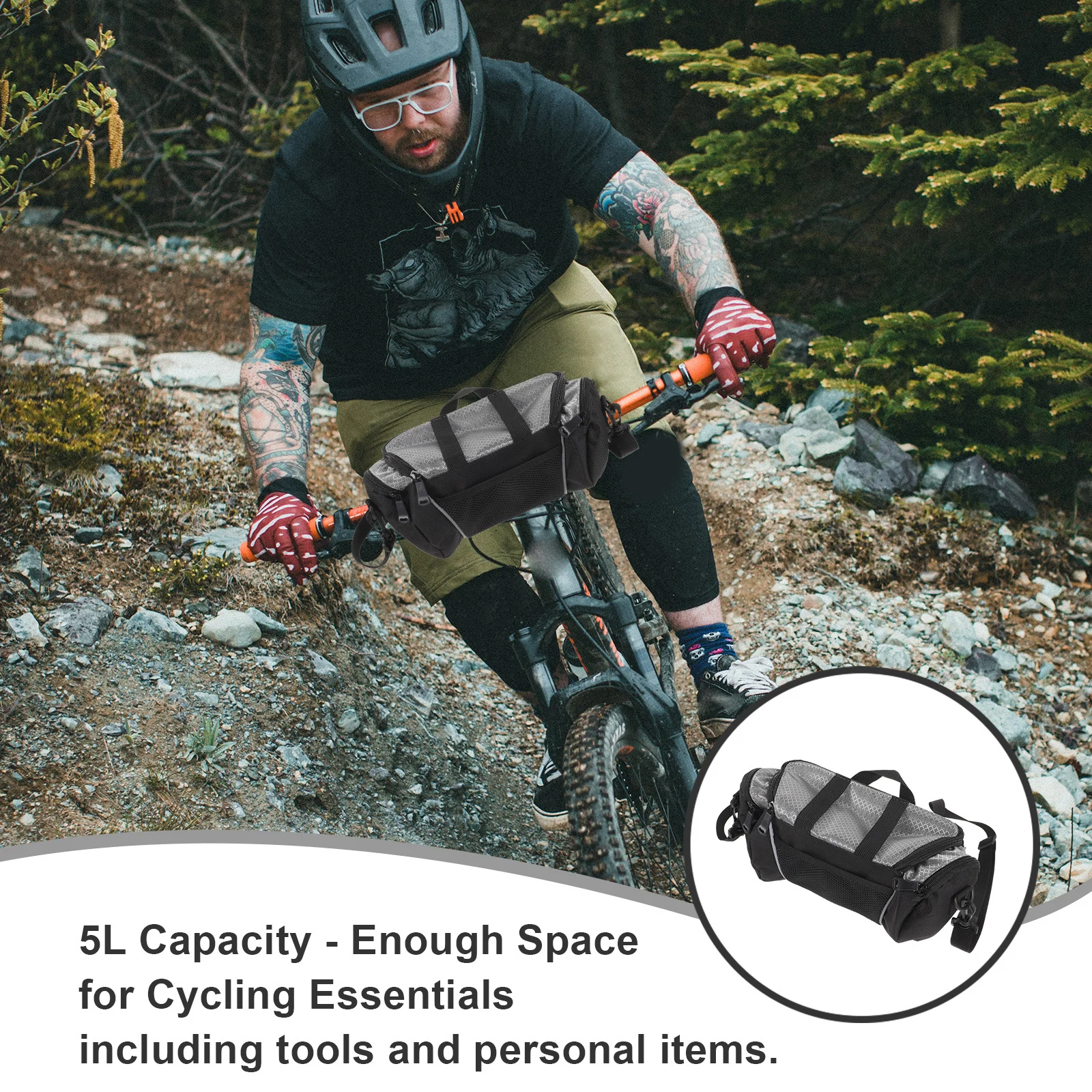 

5L Bike Front Handlebar Bag 600D Polyester Waterproof Cycling Accessories with Tool-Free Mount Reflective Logo Shoulder Carry