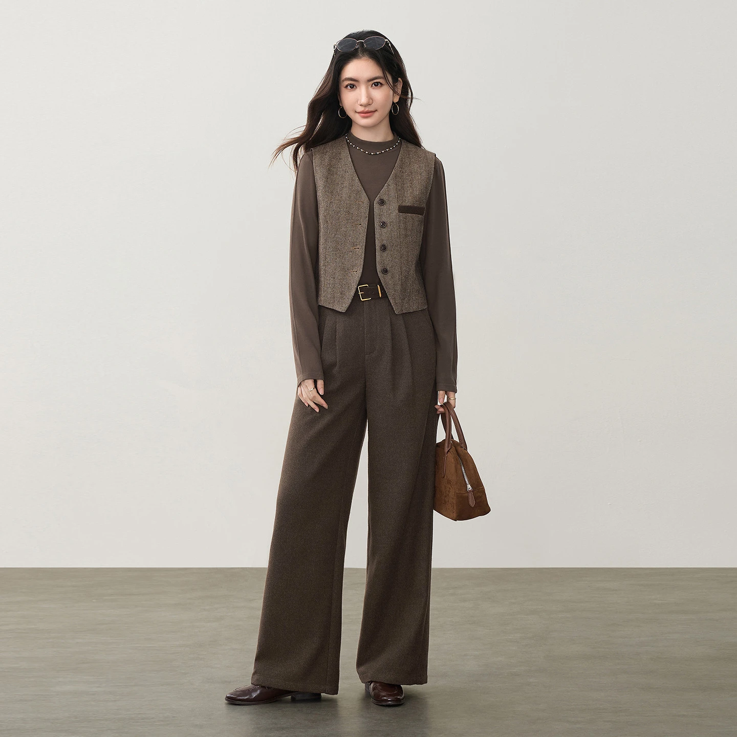SENTUBILA Women's 2-piece Sets V-Neck Wool Blend Vest Wide Leg Trousers 2026 Old Money Style Winter Warm Commuter Suit 164ZA8495
