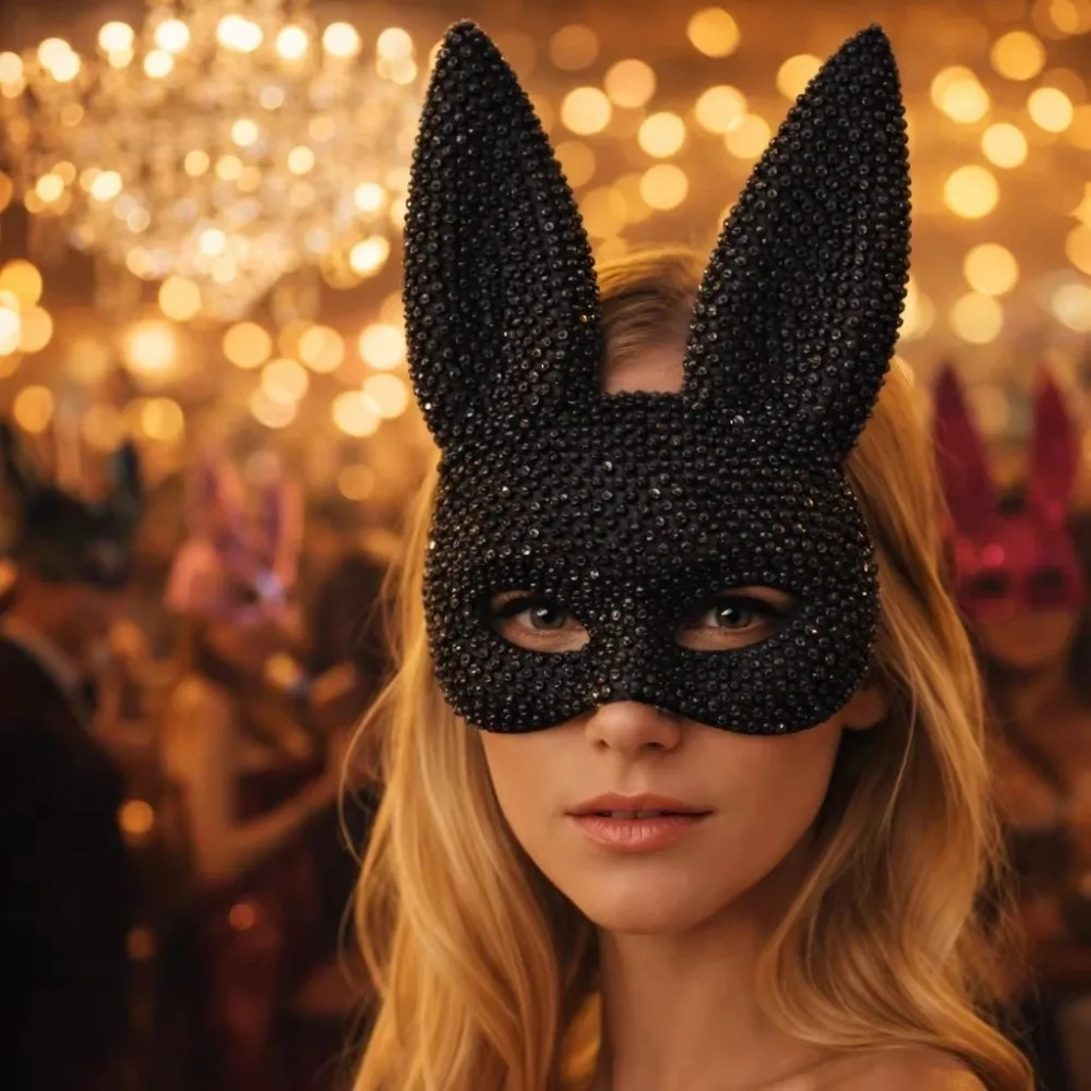 Crystal Studded Bunny Half Face Mask Full Acrylic Rhinestone Photo Shoots Rabbit Ear Mask Rhinestone Face Mask Party and Cosplay
