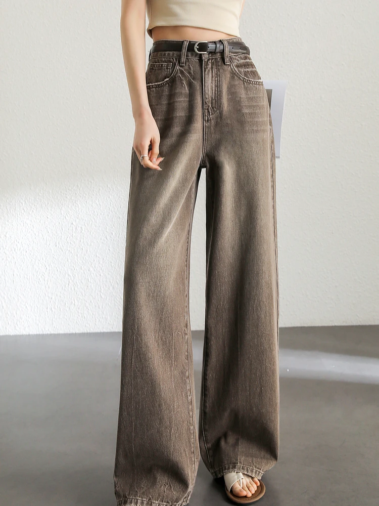 SENTUBILA Retro Cotton 100% Washed Jeans 2024 Summer New Wide Leg Denim Pants Full Length Straight Casual Trousers W42N55081