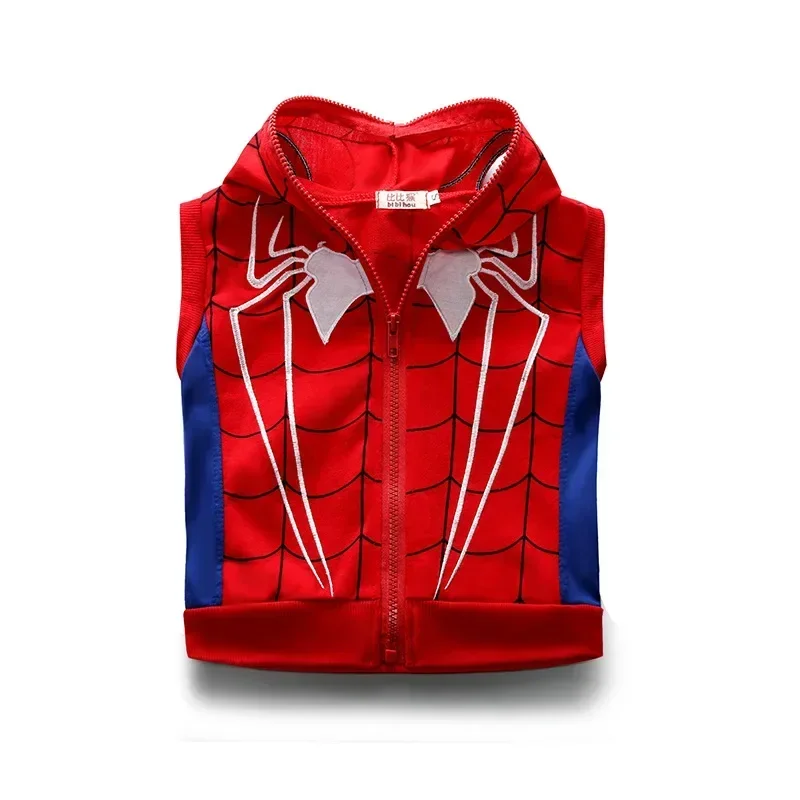 3pcs Cartoon Print Spiderman Cosplay Costume Autumn Kids Boys Sleeveless Hooded Vest +T Shirt+Pant Tracksuit Children Outfits