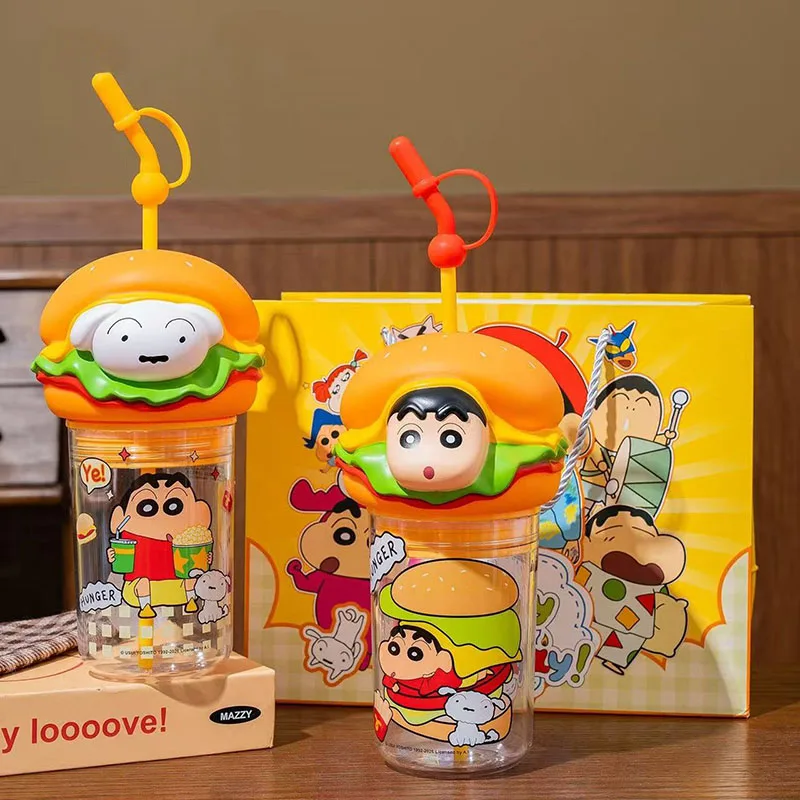 

Crayon Shinchan 660ml Burger Shaped Straw Cup Cartoon Anime Water Bottle with Lid Gift Hot Sale Kawaii New Arrival Couple Set