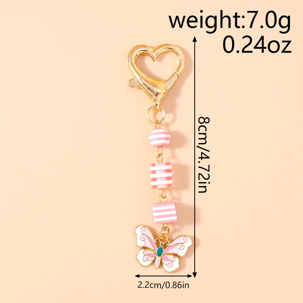 Gilrs Stylish Rainbow Bead String Keychain Pink Butterfly Keiring Pendant DIY Phone Bag Decor Fashion Jewelry Gifts for Women