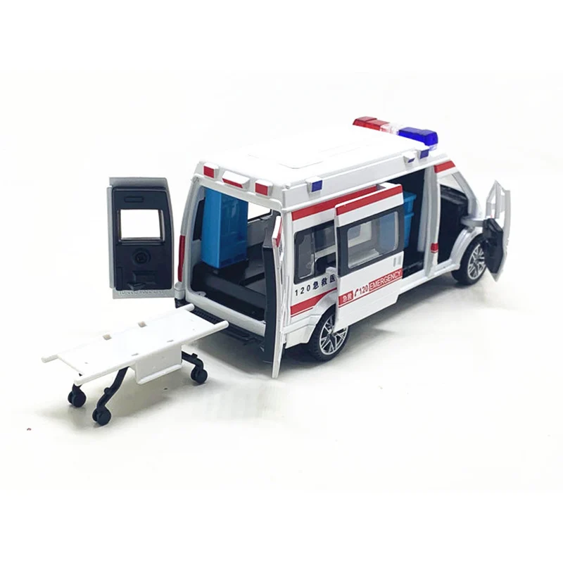 1:32 Alloy Ambulance Model Police Metal Car Sound And Light Pull Back Diecast City Fire Truck Boy Child Toy Gift