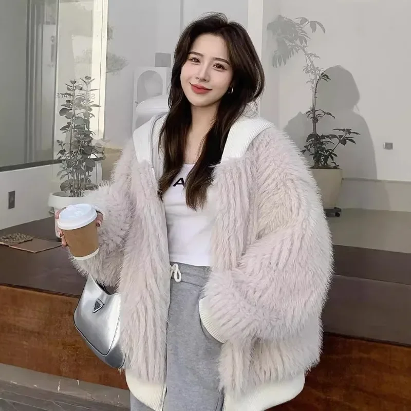 المرأة مع غطاء محرك السيارة سحاب أكمام طويلة الموضة الكورية 2025 الخريف الشتاء فضفاضة عادية شعر أشعث لينة الدافئة فو الفراء معطف #2