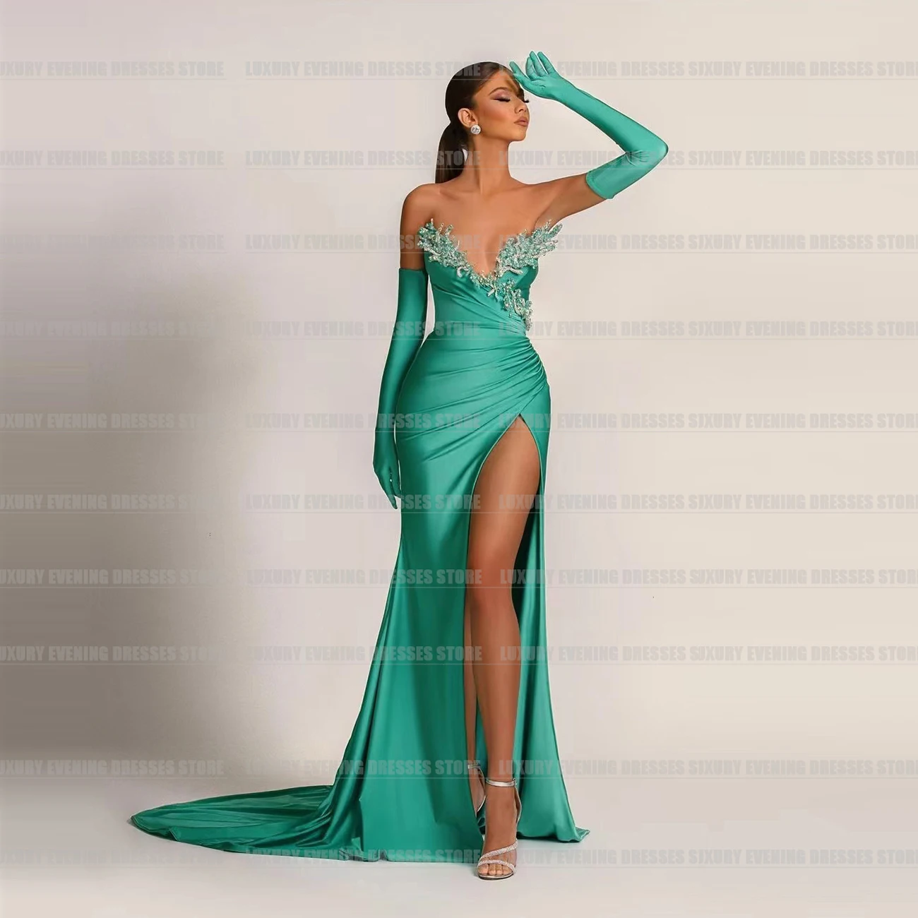 Luxury V Neck Evening Dresses Woman\'s Mermaid Appliques Sleeveless Sexy Side Split Prom Gowns Customized Vestidos Gloveless 2025