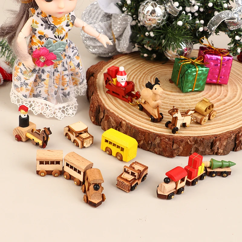 Dollhouse Miniature Wooden Car/Bus/Train Mini Furniture Model Small Handmade Wooden Music Box DIY Ornaments Micro Landscape