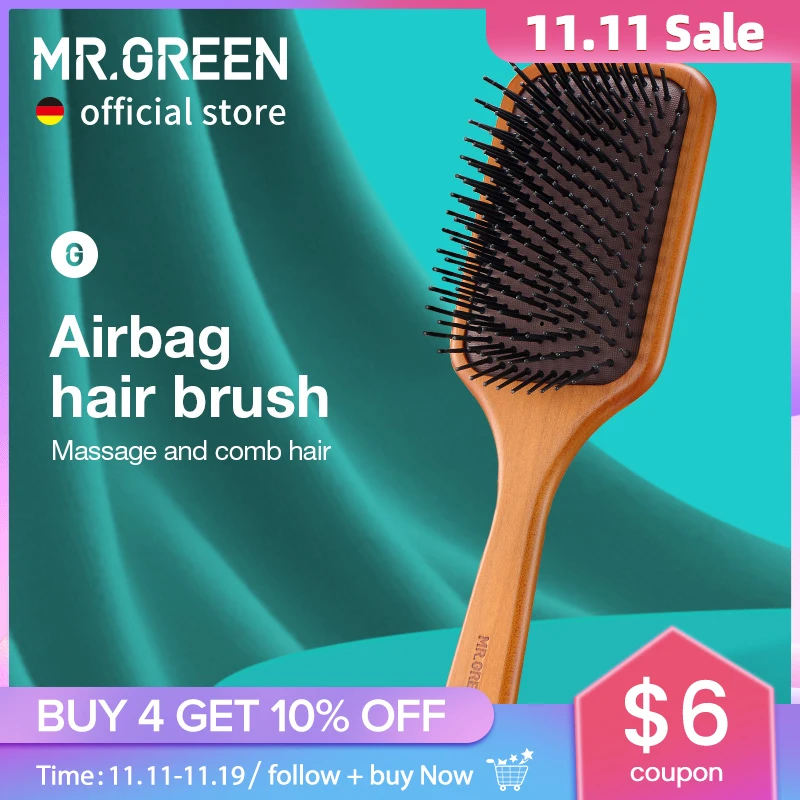 

MR.GREEN Hair Brush Natural Maple Wide Board Massage Scalp Air Cushion Fine Tooth Comb For Curly Long Hair Women Men