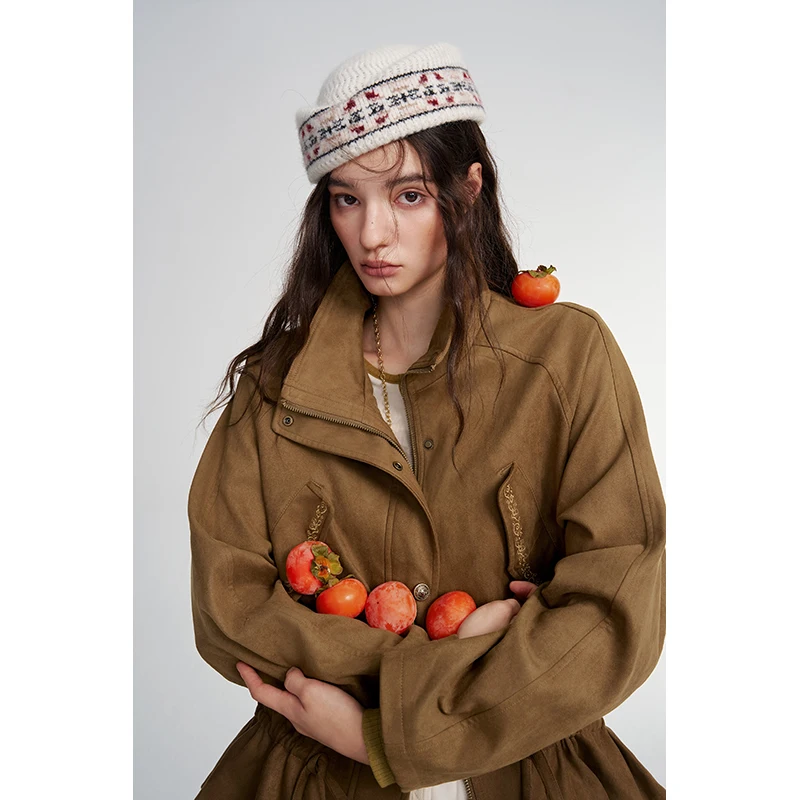 ELFSACK Women's Vintage Stand Collar Jacket with Drawstring Waist, Retro Pocket Outerwear for Daily Wear, Casual Long Sleeve Coa
