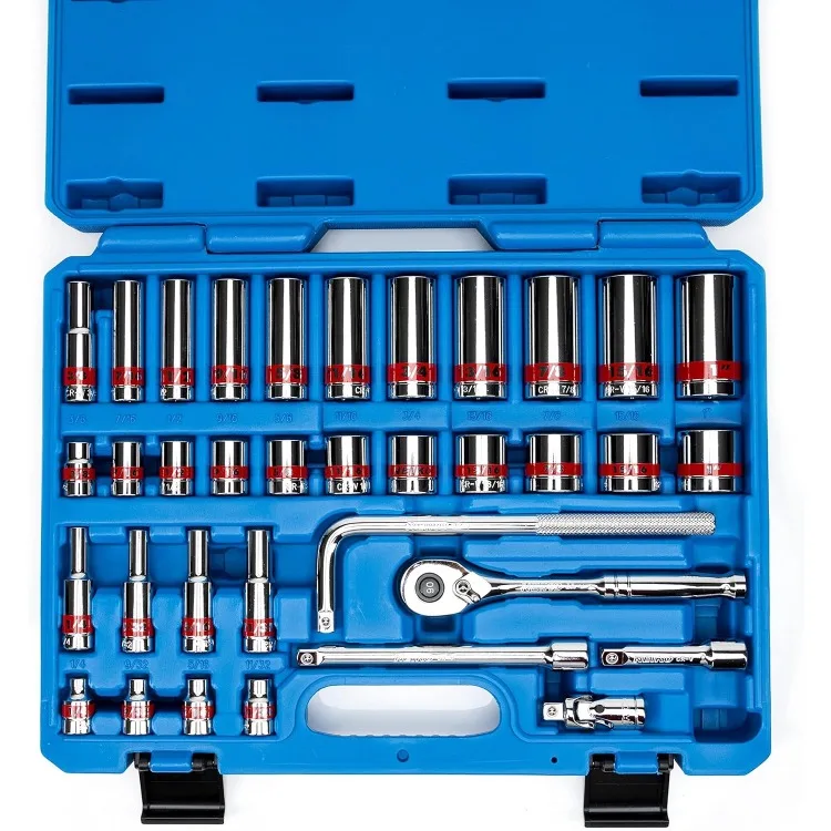 

3/8” Drive Socket Set with Quick Release Ratchet (90 Tooth), 35 Piece Standard and Deep SAE Sizes, 1/4” to 1”, 6 Point