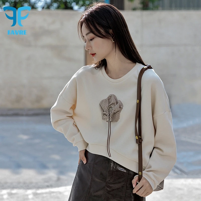 

FAVRE Floral Drawstring Sweatshirts Women Crewneck Niche Chic Hoodies Y2K Spring Autumn Casual Korean All-match Loose Pullovers