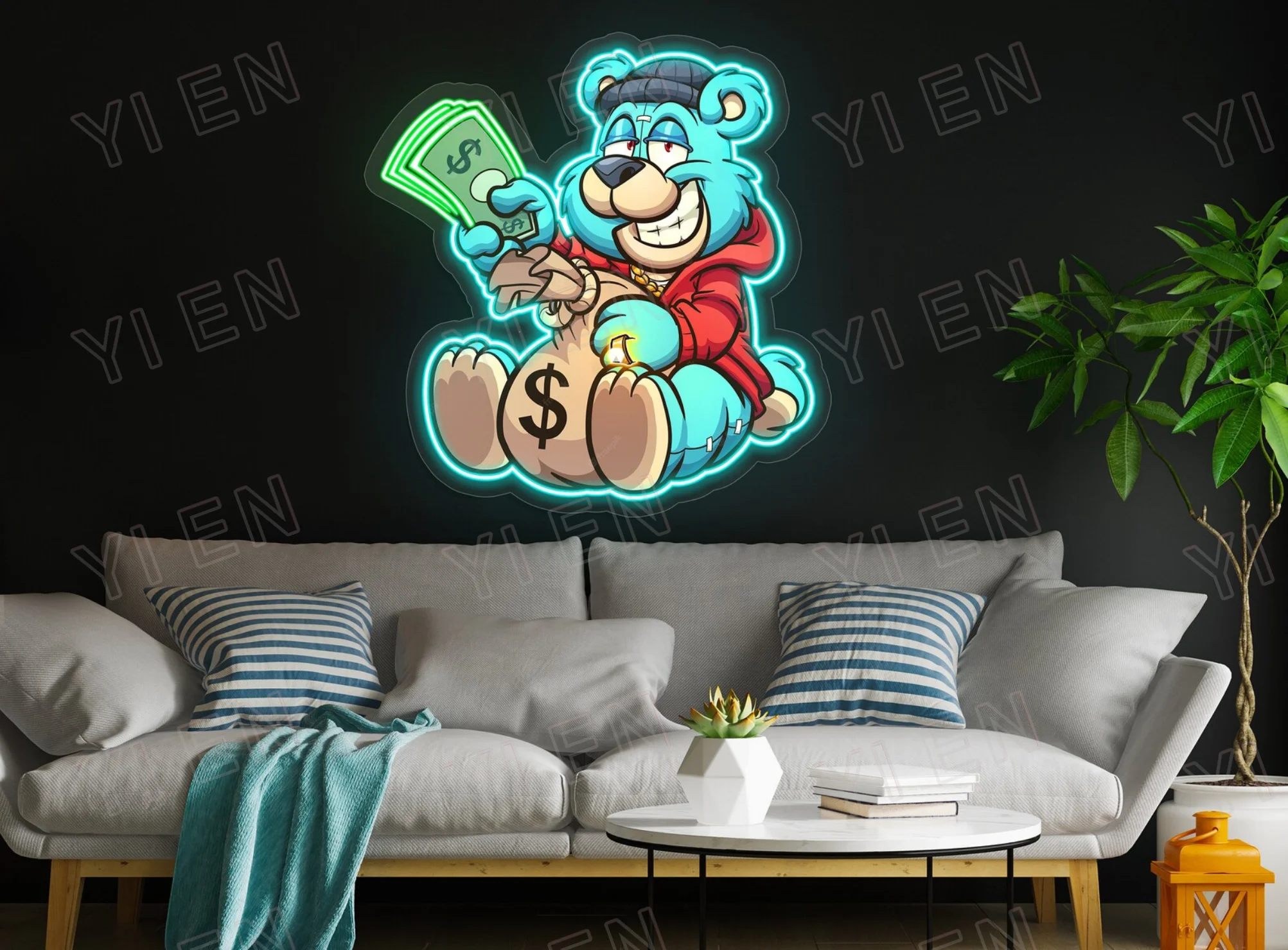 neon pop art urso com notas do dolar impressao uv decoracao da parede unica tema do dinheiro presente personalizado loja sala de jogos decoracao de casa 01