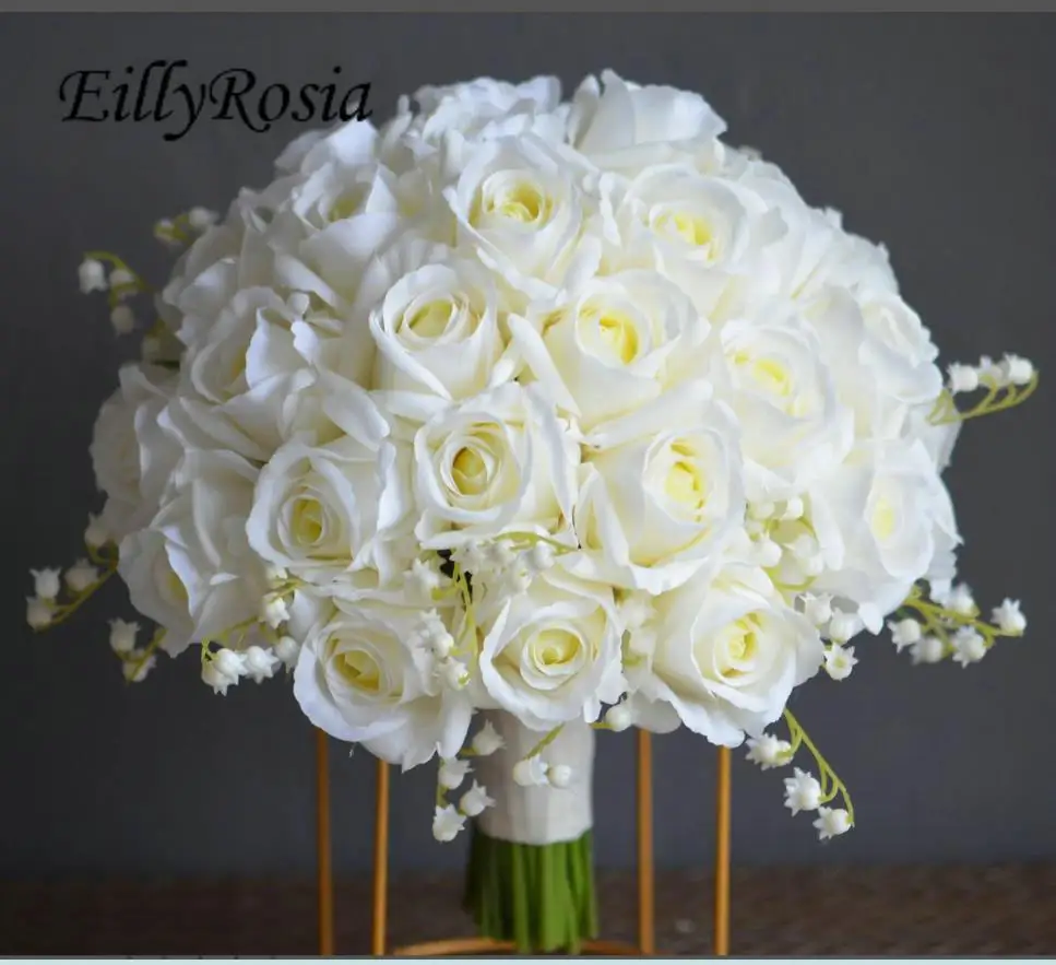 

EillyRosia Cream White Real Touch Bride Bouquet with Lily of the Valley Elegant Wedding Accessories Holding Flowers Decoration