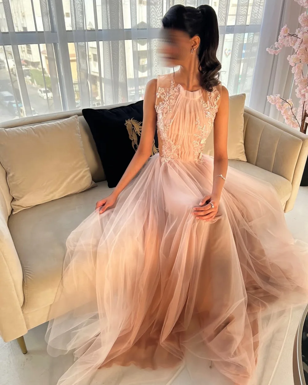 Customized Matching Net Pleat Pattern Sequined A-line Scoop Neck Long Bespoke Occasion Party Dresses