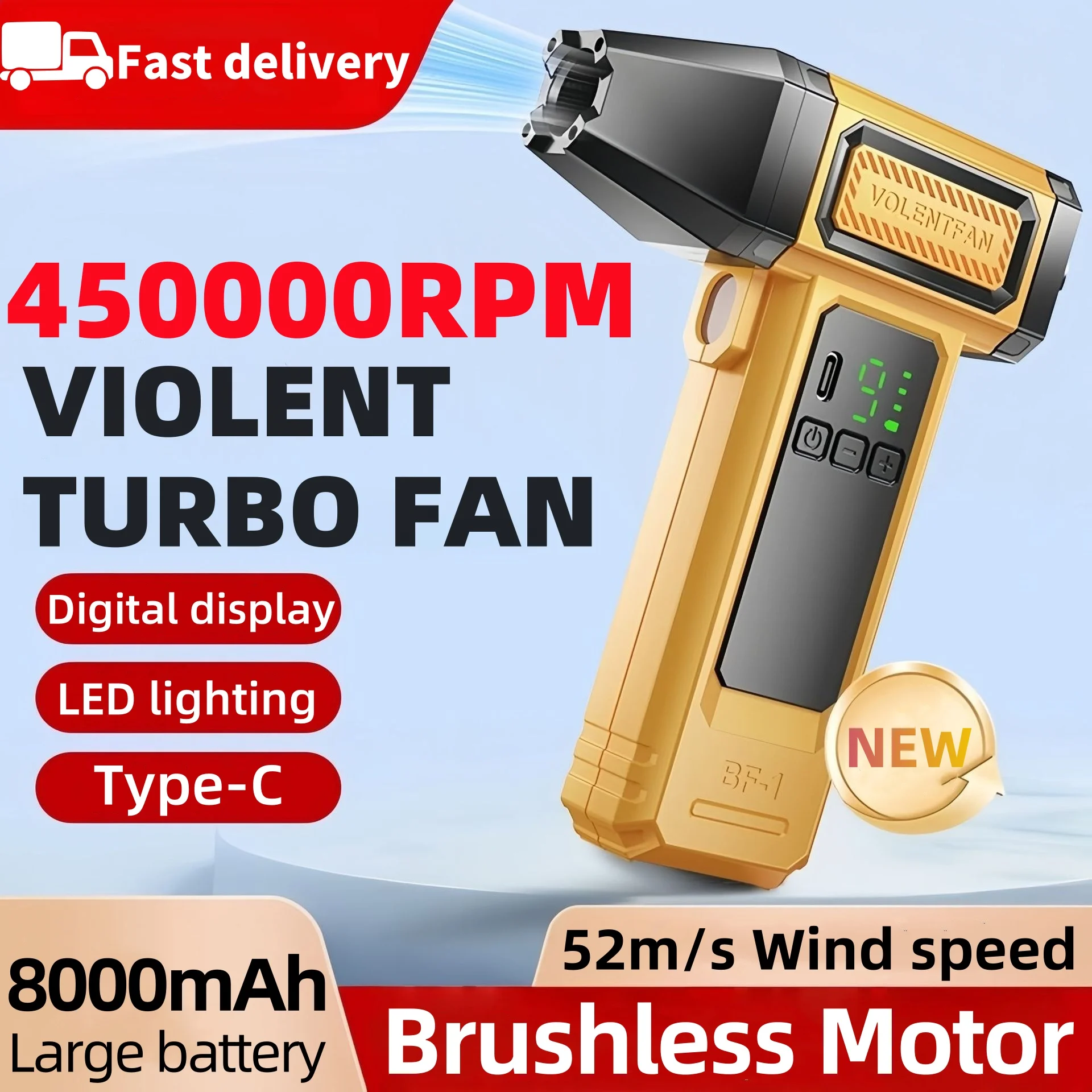 

8000mAh Violent Fan 450000RPM Powerful Air Blower Vacuum Cleaner Type-C Charging Strong Winds 52m/s Brushless Turbo Jet Blower